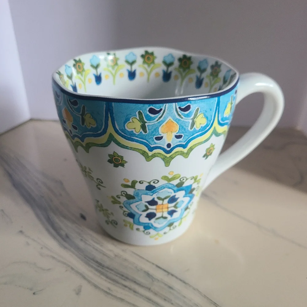 Pier 1 Import Blue Print Scallop Lip Edge Ceramic Mug with Floral Patterns